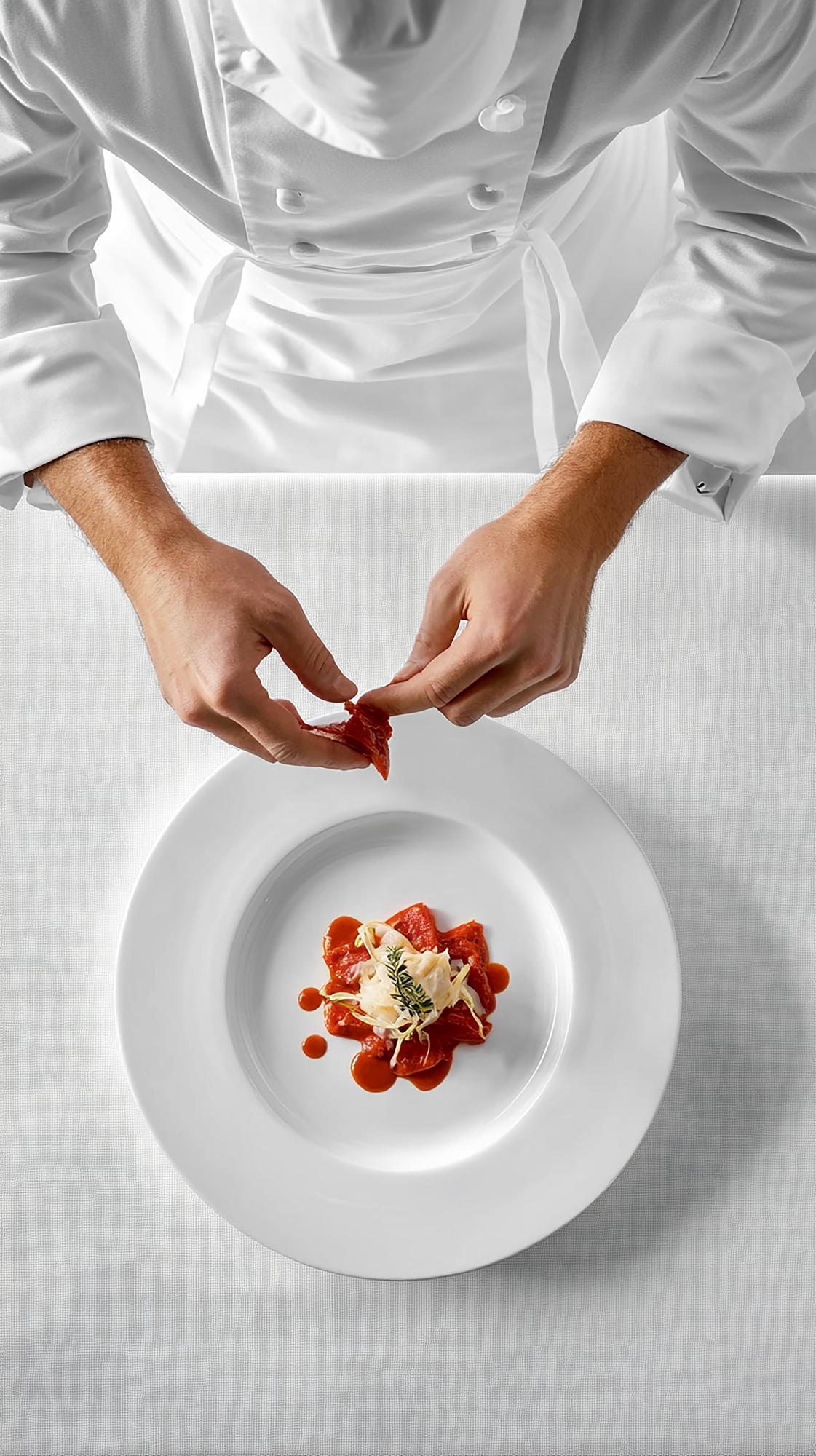 Chef preparando un piatto sofisticato in cucina elegante